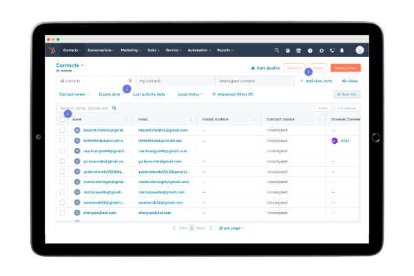 a tablet device with marketing contacts displayed